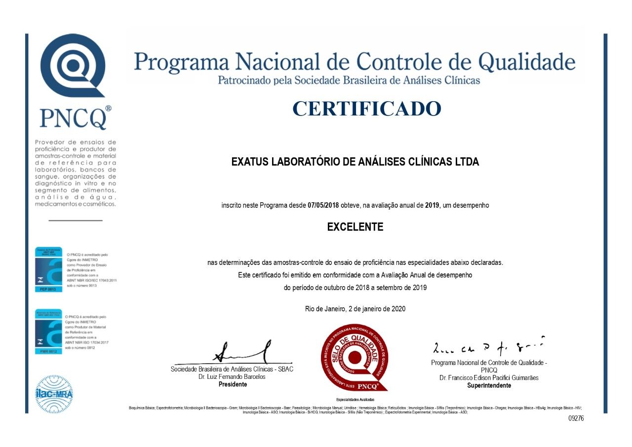 Programa Nacional de Controle de Qualidade 2.019